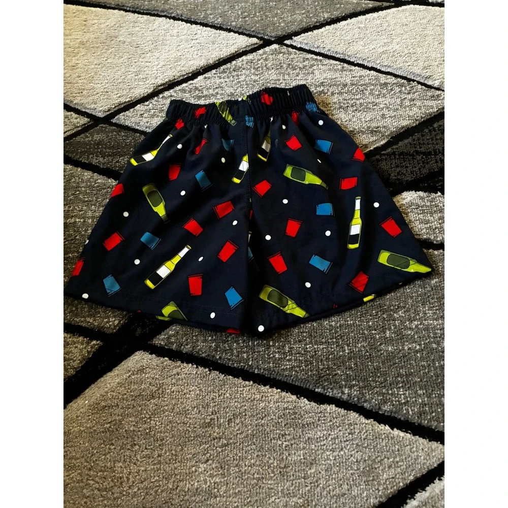 AK Boys Swim Trunks Navy Blue Bottle Cup Print Elastic Waist Swim Shorts Size S